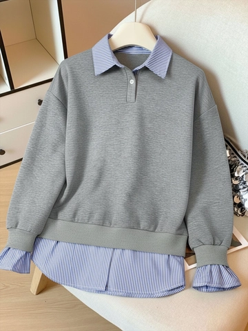 Γυναικείο Φούτερ Layered Look Ριγέ Patchwork Γιακάς Polo Μακρυμάνικο Πουλόβερ Μεσαίου Μήκους Casual Πλεκτό Τοπ
