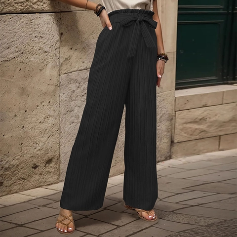 Pantaloni Donna a Gamba Larga Plissettati a Vita Alta Con Fiocco Vita Paperbag Tinta Unita Larghi Casual Estivi Pantaloni Lunghi Moda