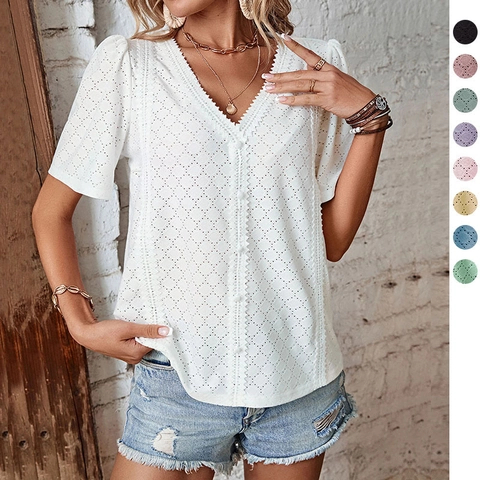 Damen Sommer Kurzarm V-Ausschnitt Lochstickerei Spitze Bluse Elegant Einfarbig Boho Top Lässiges Hemd Für Den Urlaub