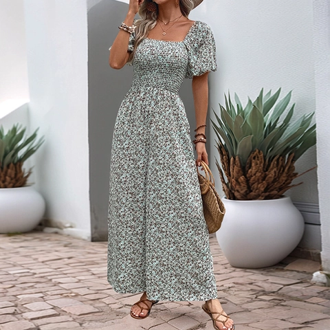Women Smocked Square Neck Floral Jumpsuit Puff Sleeve Wide Leg Long Romper Summer Vacation Bohemian Cottagecore Apparel