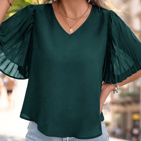 Damen Retro V-Ausschnitt Falten Puffärmel Bluse Sommer Einfarbig Satin Top Lässige Kurzarm Hemden Für Damen