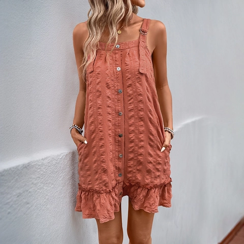 Damen Casual Camisole Mini Kleid Texturiertes Rüschensaum Einreihig Ärmellos Polyester Elasthan Sommer Urlaub Strand Sommerkleid