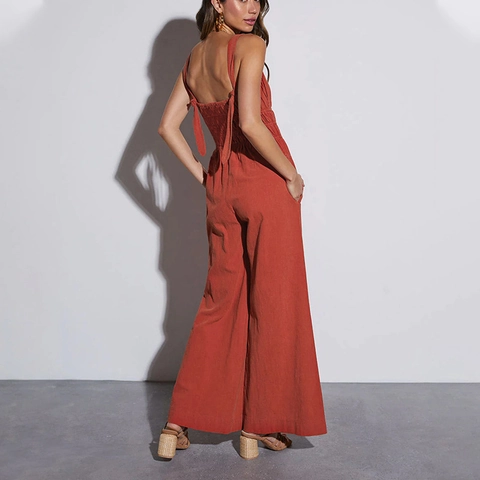 Women Sleeveless Wide Leg Jumpsuit Polyester Smocked Waist V Neck Backless Spaghetti Strap Casual Long Romper Jumpsuit