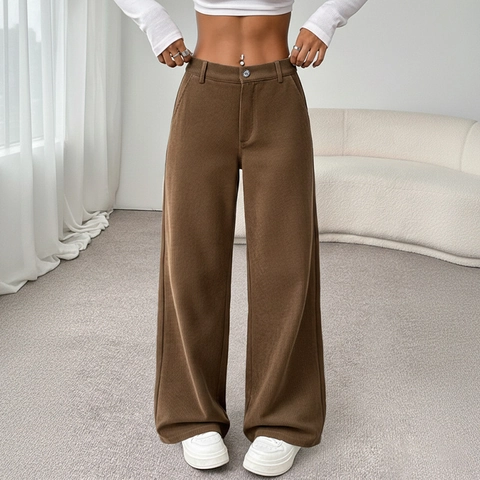 Pantaloni a Gamba Larga in Velluto a Coste a Vita Alta da Donna Autunno Inverno Casual Larghi Tinta Unita Con Tasche