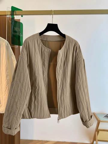 Women Casual Slim Fit Round Neck Zipper Cardigan Jacket Vertical Quilted Texture Solid Color Lightweight Outerwear Coat