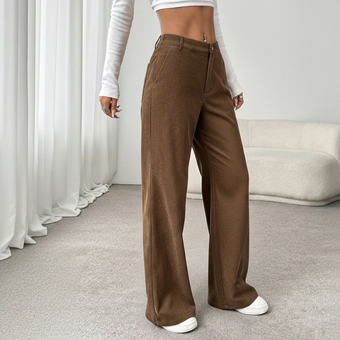 Pantaloni a Gamba Larga in Velluto a Coste a Vita Alta da Donna Autunno Inverno Casual Larghi Tinta Unita Con Tasche
