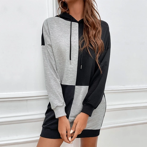 Abito con Cappuccio Casual Color Block Manica Lunga Abito in Maglia Mini Patchwork Nero Grigio Oversized Sweatshirt Dress
