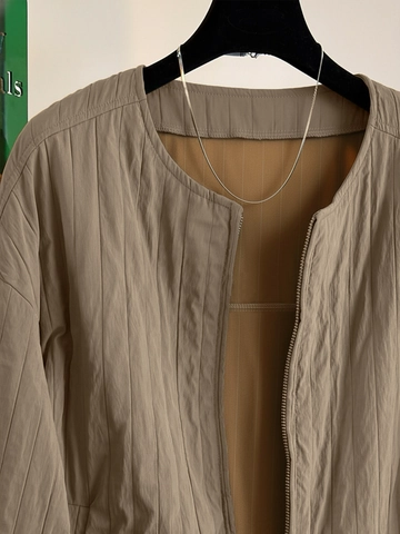 Women Casual Slim Fit Round Neck Zipper Cardigan Jacket Vertical Quilted Texture Solid Color Lightweight Outerwear Coat