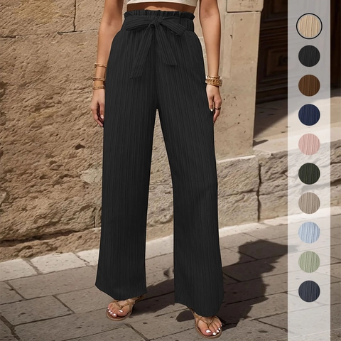 Pantaloni Donna a Gamba Larga Plissettati a Vita Alta Con Fiocco Vita Paperbag Tinta Unita Larghi Casual Estivi Pantaloni Lunghi Moda