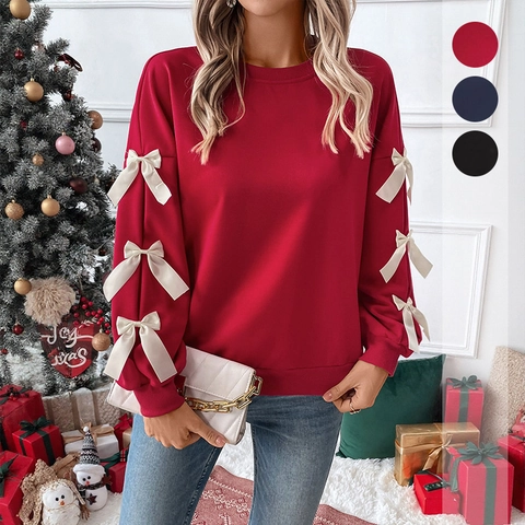 Damen Weihnachten Süßes Rundhals Sweatshirt Mit Satin-Schleife Dekoration Langarm Einfarbig Lässig Pullover Top