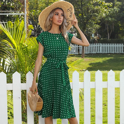 Women Elegant Polka Dot Midi Dress Summer Round Neck Short Fly Sleeve Belted Pleated A-Line Vacation Casual Sun Dress