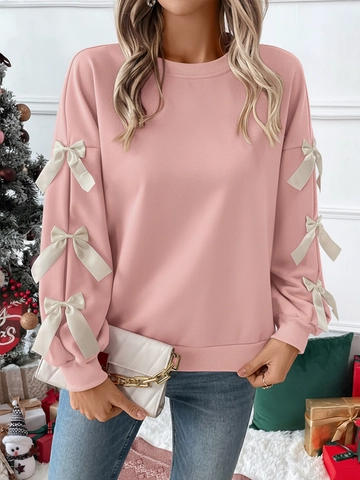 Sudadera de Mujer Dulce con Cuello Redondo y Manga Larga Detalle de Lazo Color Sólido Jersey Casual Navidad