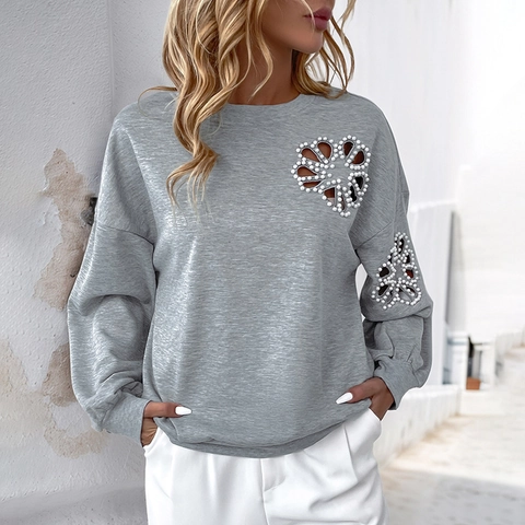 Felpa Casual da Donna con Perline e Fiori Traforati Girocollo Pullover Largo Top a Manica Lunga con Decorazioni in Künstliche Perle