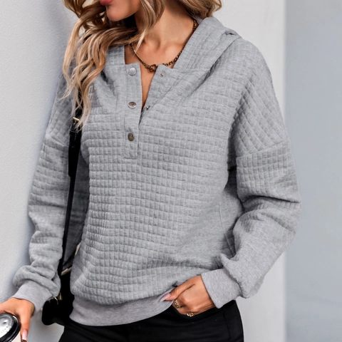Sudadera Informal con Capucha para Mujer Textura Gofre Cuello Henley Botones Hombros Caídos Manga Larga Top Liso Holgado