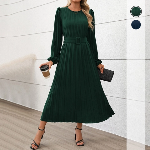 Women Retro Long Sleeve Pleated Maxi Dress Elegant Round Neck High Waist With Belt Solid Color Autumn Office Party Gown