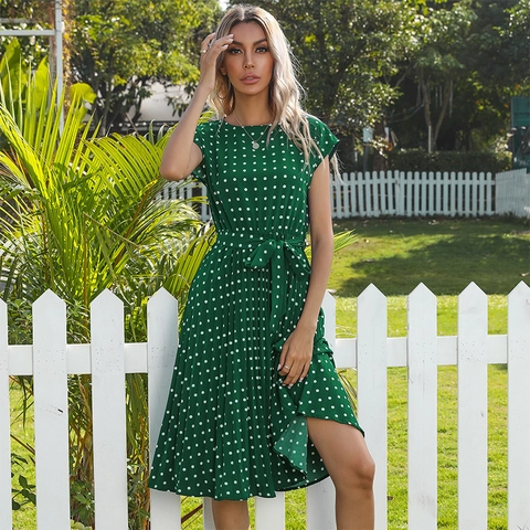 Women Vintage Polka Dot Midi Dress Elegant Round Neck Flutter Sleeve Tie Waist Pleated A-Line Summer Casual Vacation Dress