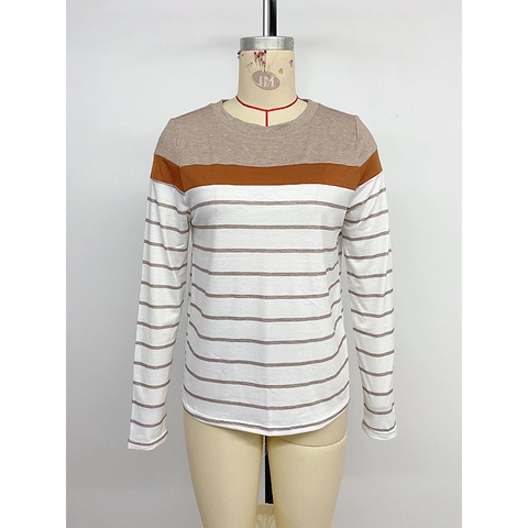 Camiseta Casual de Rayas Patchwork para Mujer Cuello Redondo Color Block Top de Punto Suave Otoño Invierno Base Layer Tee