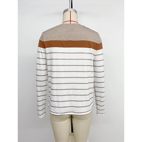 Camiseta Casual de Rayas Patchwork para Mujer Cuello Redondo Color Block Top de Punto Suave Otoño Invierno Base Layer Tee