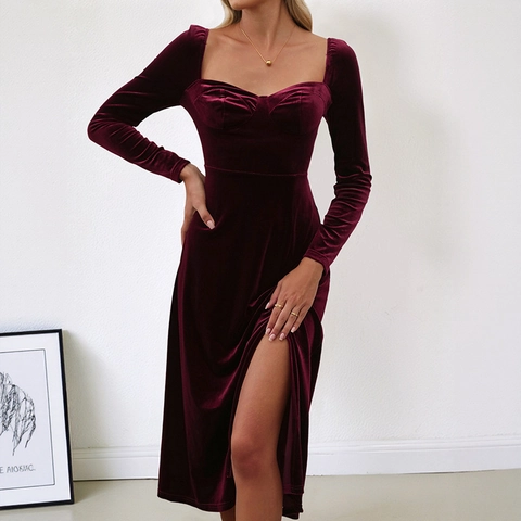 Elegantes Weinrotes Samt-Midikleid Für Damen Retro Viereckiger Ausschnitt Langarm Seitenschlitz Bodycon Abendkleid