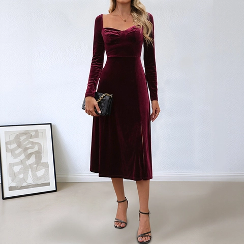 Elegantes Weinrotes Samt-Midikleid Für Damen Retro Viereckiger Ausschnitt Langarm Seitenschlitz Bodycon Abendkleid