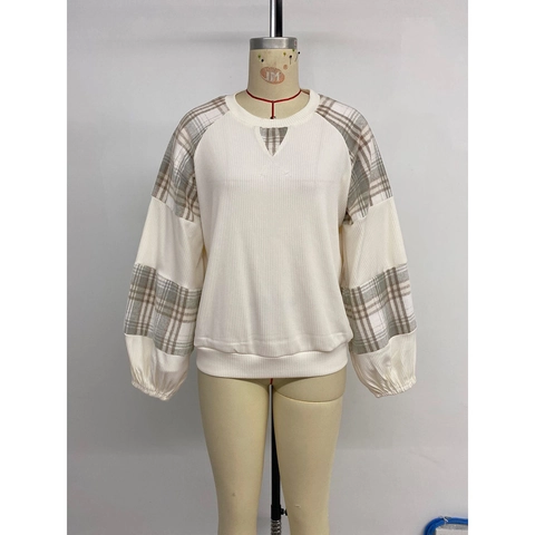 Felpa Casual da Donna Patchwork a Quadri Manica Lunga Girocollo Trama a Nido d'Ape Pullover Largo Top Moda Abbigliamento Quotidiano