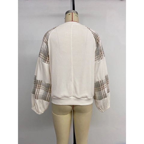 Felpa Casual da Donna Patchwork a Quadri Manica Lunga Girocollo Trama a Nido d'Ape Pullover Largo Top Moda Abbigliamento Quotidiano
