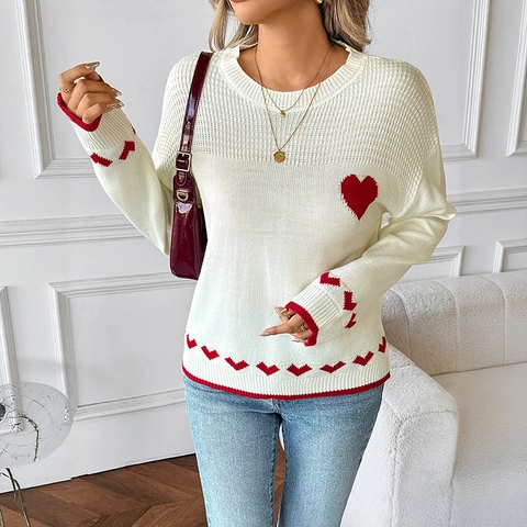 Women Casual Heart Pattern Round Neck Knit Sweater Long Sleeve Jacquard 100% Acrylic Pullover Top Autumn Winter Fashion
