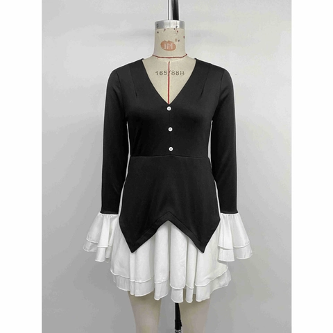 Damen Elegant V Ausschnitt Langarm Patchwork Mini Kleid Kontrast Rüschensaum Knöpfe Slim Fit Plissee Kurzes Kleid