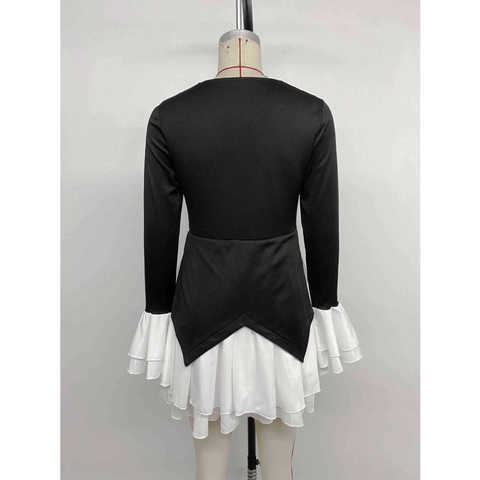 Damen Elegant V Ausschnitt Langarm Patchwork Mini Kleid Kontrast Rüschensaum Knöpfe Slim Fit Plissee Kurzes Kleid