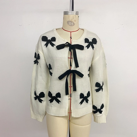 Women Sweet Bowknot Knitted Cardigan Round Neck Long Sleeve Jacquard Sweater Cream White Casual Lace Up Knitwear Top