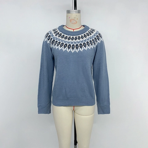 Suéter de Punto Casual Fair Isle para Mujer Cuello Redondo Patrón Geométrico Vintage Manga Larga Jersey de Acrílico Suave Otoño Invierno