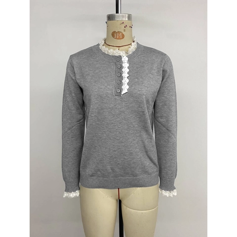 Maglione Donna Vintage Con Finitura in Pizzo Manica Lunga Girocollo Patchwork Maglia Elegante Pullover Casuale Con Bottoni