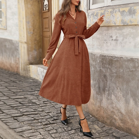 Vestido Midi de Pana de Manga Larga para Mujer con Cuello en V Color Sólido Línea A con Cinturón Casual Otoño Oficina