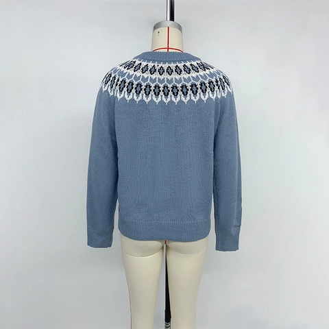 Suéter de Punto Casual Fair Isle para Mujer Cuello Redondo Patrón Geométrico Vintage Manga Larga Jersey de Acrílico Suave Otoño Invierno
