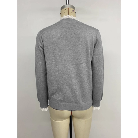 Maglione Donna Vintage Con Finitura in Pizzo Manica Lunga Girocollo Patchwork Maglia Elegante Pullover Casuale Con Bottoni