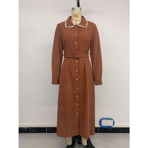 Vestido Camisero Midi de Pana Elegante para Mujer Manga Larga Con Cuello de Encaje Cinturón Color Sólido Botones