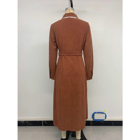 Vestido Camisero Midi de Pana Elegante para Mujer Manga Larga Con Cuello de Encaje Cinturón Color Sólido Botones