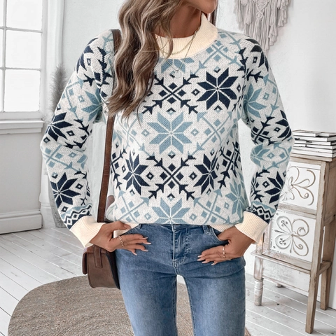 Women Vintage Christmas Snowflake Sweater Nordic Jacquard Round Neck Long Sleeve Knit Loose Pullover Winter Warm Top