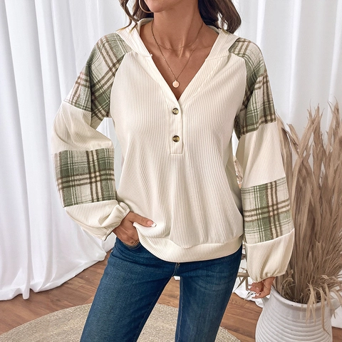 Sudadera con Capucha Casual para Mujer Textura Acanalada Patchwork de Cuadros Manga Larga Jersey Cuello en V Botón Top Mujer