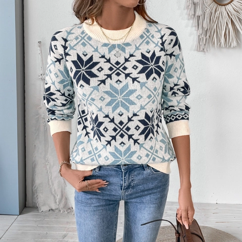 Women Vintage Christmas Snowflake Sweater Nordic Jacquard Round Neck Long Sleeve Knit Loose Pullover Winter Warm Top