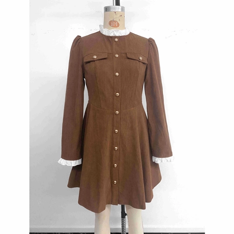 Vintage Braun Cord Langarm Minikleid Für Damen Rüschenkragen Goldener Knopf Elegant A-Linie Kurzer Rock Herbst Winter