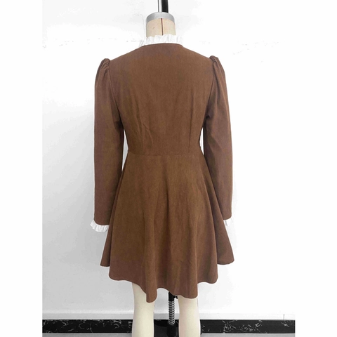 Vintage Braun Cord Langarm Minikleid Für Damen Rüschenkragen Goldener Knopf Elegant A-Linie Kurzer Rock Herbst Winter