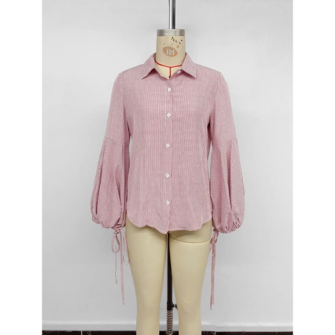 Women's Lantern Sleeve Striped Shirt Lapel Single Breasted Blouse With Cuff Tie Elegant Red White Long Sleeve Top