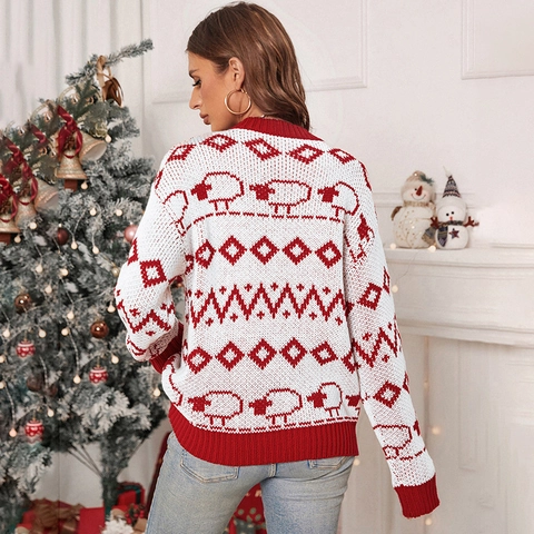 Pull de Noël en Tricot pour Femme Festif Fair Isle Motif Renne Mouton Col Rond Manches Longues Rouge Blanc Pull Top