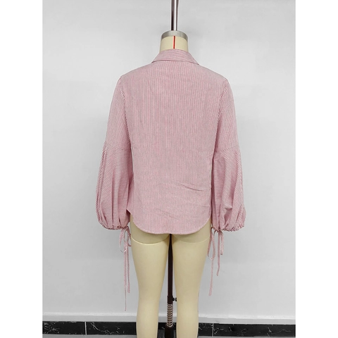Women's Lantern Sleeve Striped Shirt Lapel Single Breasted Blouse With Cuff Tie Elegant Red White Long Sleeve Top
