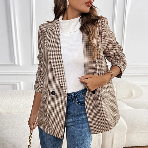 Damen Casual Hahnentritt Blazer Slim Fit Reverskragen Langarm Anzugjacke Mit Knöpfen Taschen Business Büro Oberbekleidung