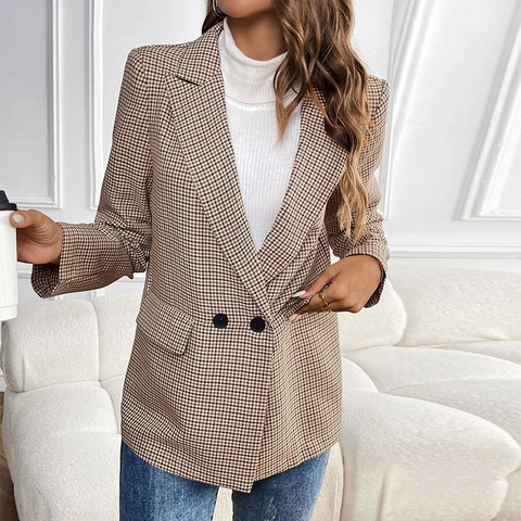 Damen Casual Hahnentritt Blazer Slim Fit Reverskragen Langarm Anzugjacke Mit Knöpfen Taschen Business Büro Oberbekleidung