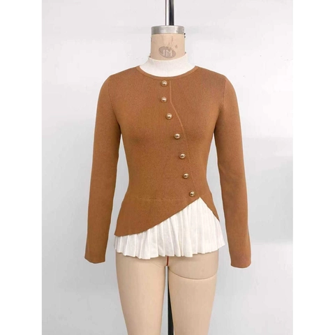 Pull en Tricot Faux Deux Pièces pour Femmes Col Montant Manches Longues Patchwork Pullover Coupe Slim Boutons Dorés Ourlet Plissé Haut Élégant