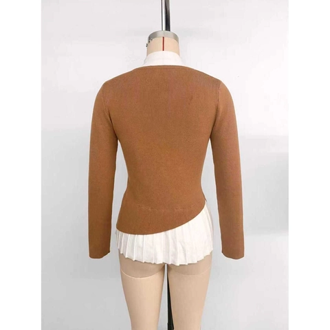 Pull en Tricot Faux Deux Pièces pour Femmes Col Montant Manches Longues Patchwork Pullover Coupe Slim Boutons Dorés Ourlet Plissé Haut Élégant