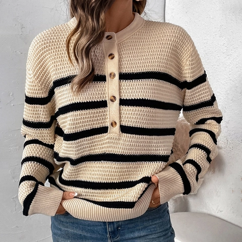 Suéter a Rayas de Punto Gofre para Mujer Casual Retro Holgado Cuello Henley Manga Larga Pullover con Botones Otoño Invierno